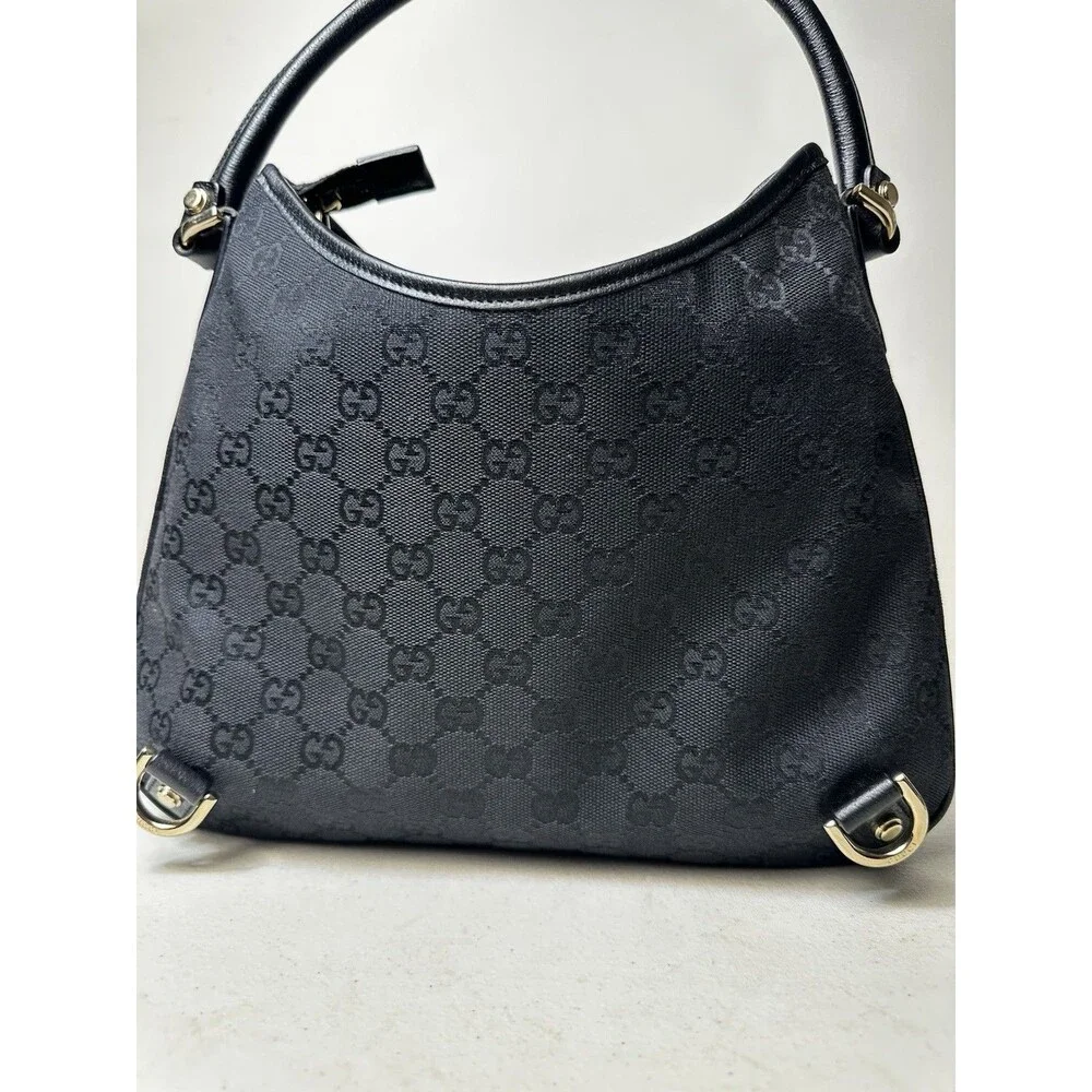 Gucci Vintage Abbey Hobo Bag Black GG Canvas Leather Trim D-Ring